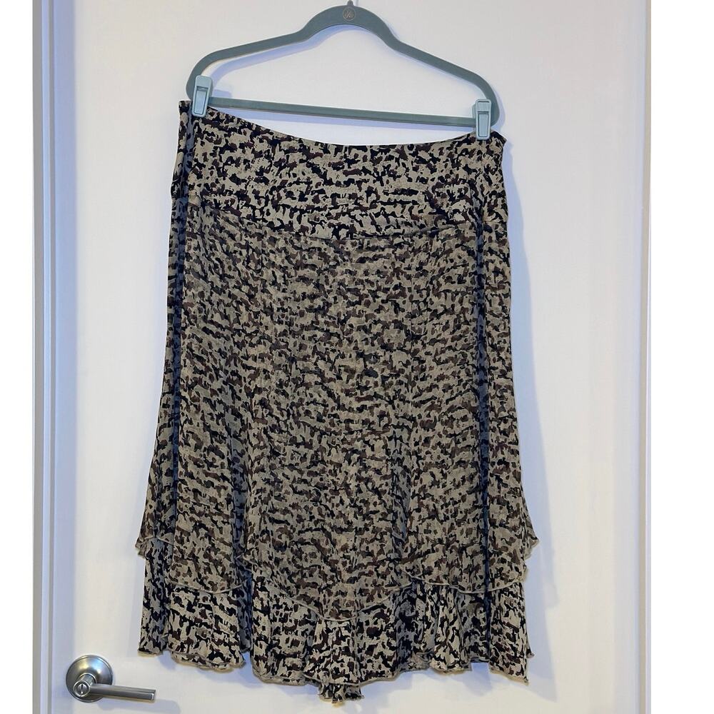 ALFANI Size 16 W Tiered Layered Ruffle 100% Silk Skirt Black Gray Animal Print